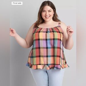 Lane Bryant Ruffle Hem Multicolor Rainbow Plaid Cami Blouse Linen Plus Size 26